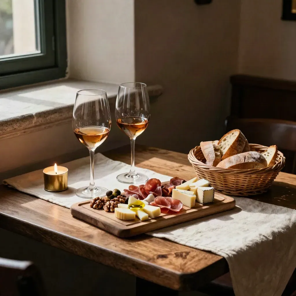 Tavola per due con calici, tagliere misto, pane caldo e candela spenta in un angolo accogliente.
