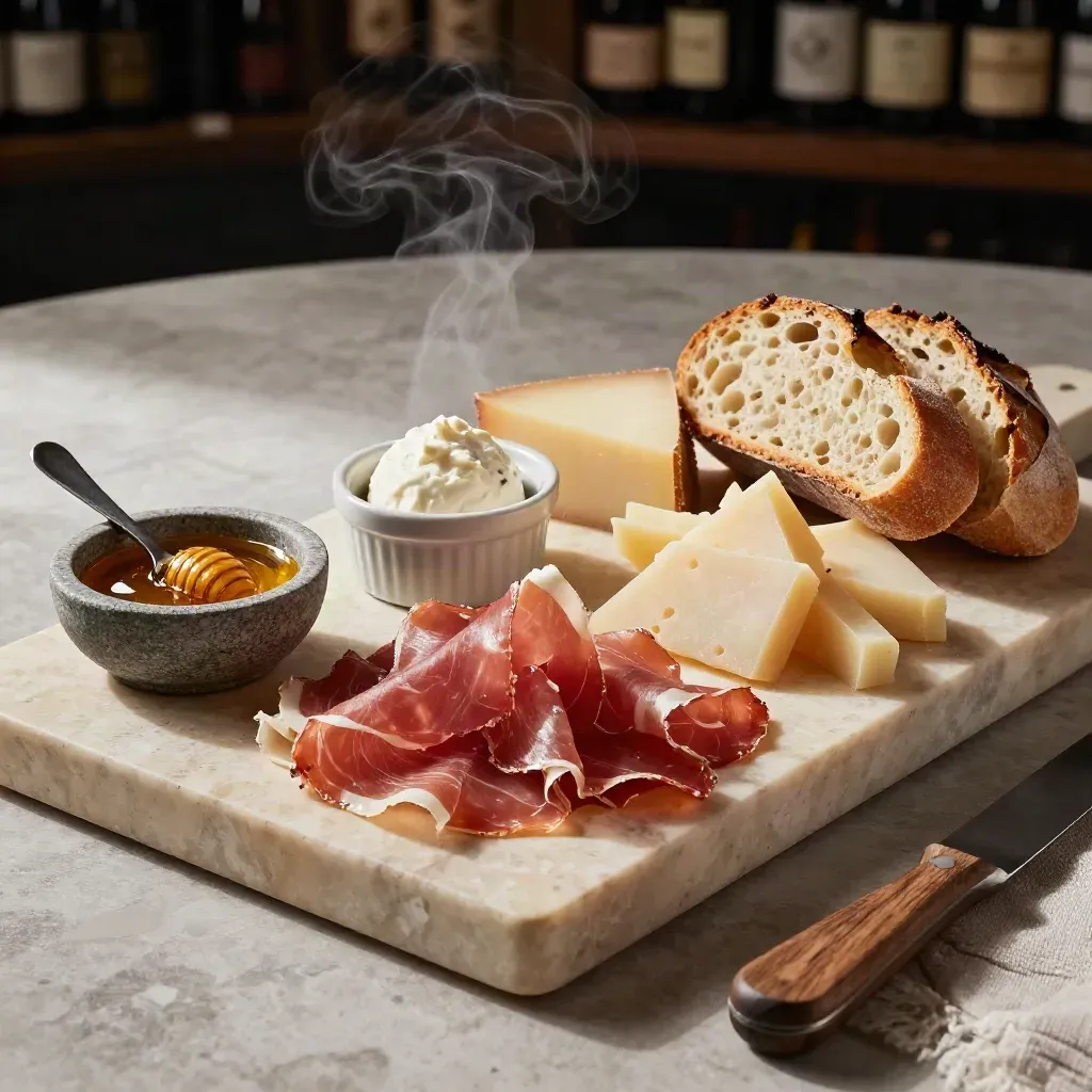 Tagliere di salumi e formaggi con miele, mostarde e pane caldo su pietra.