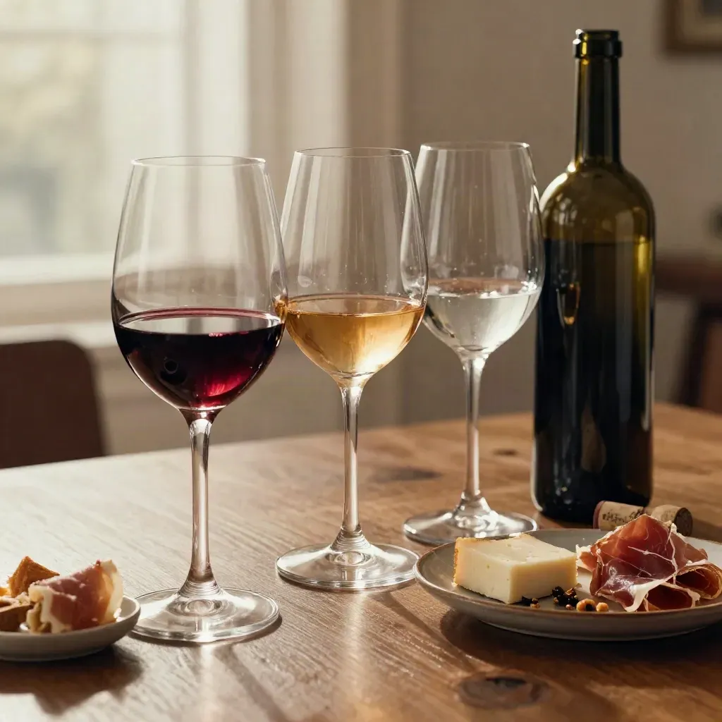 Tre calici, bottiglia aperta e piccoli assaggi su tavolo caldo in luce bordeaux e crema.