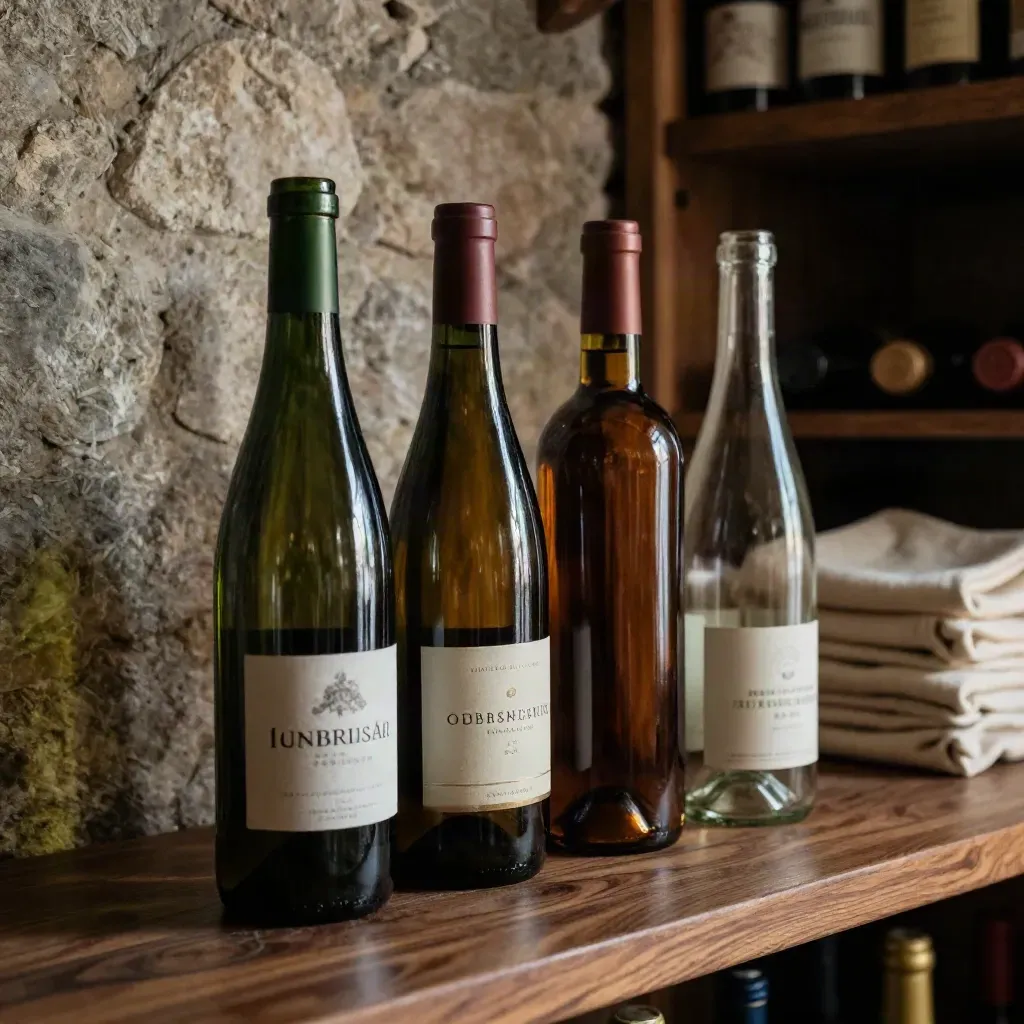 Quattro bottiglie italiane allineate in cantina, vetri verdi e riflessi su mensola di legno.