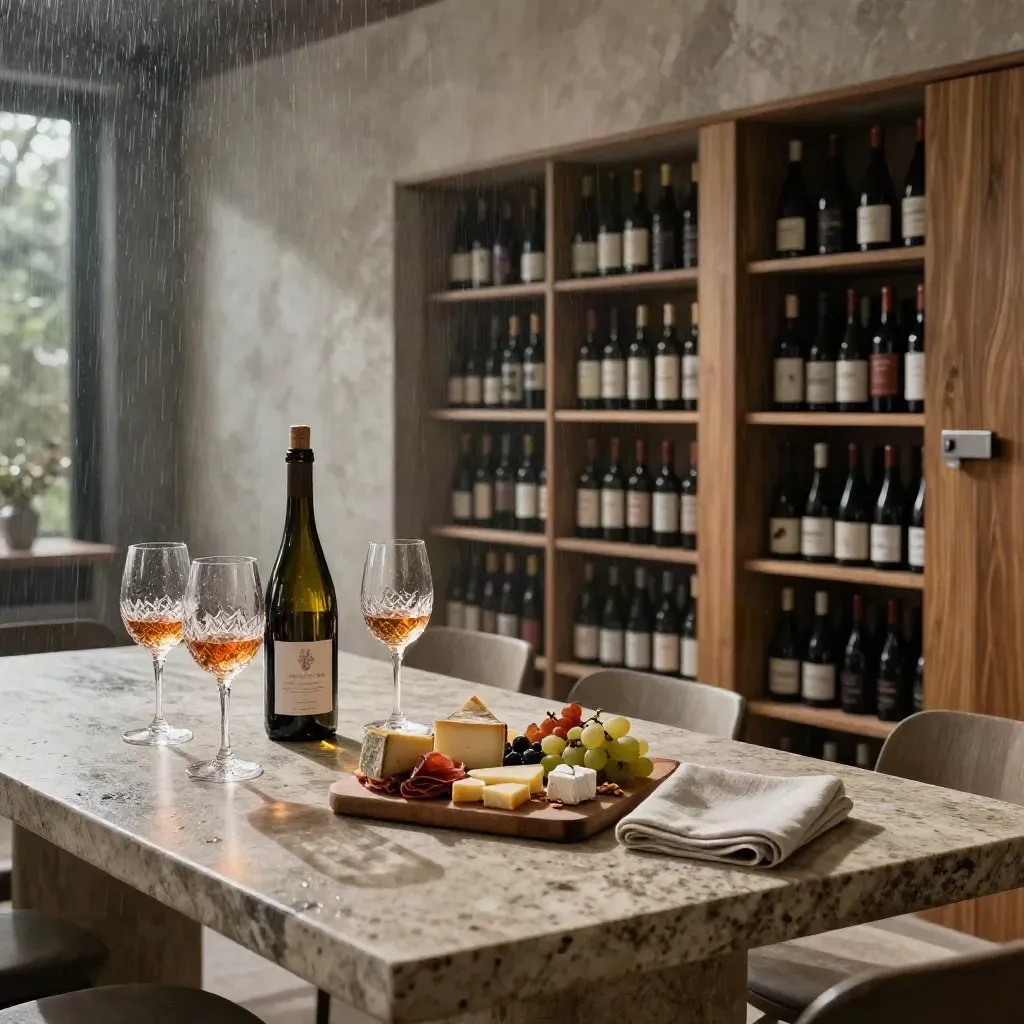 Sala degustazione con calici, bottiglia aperta, tagliere misto e parete di vini in luce radente.