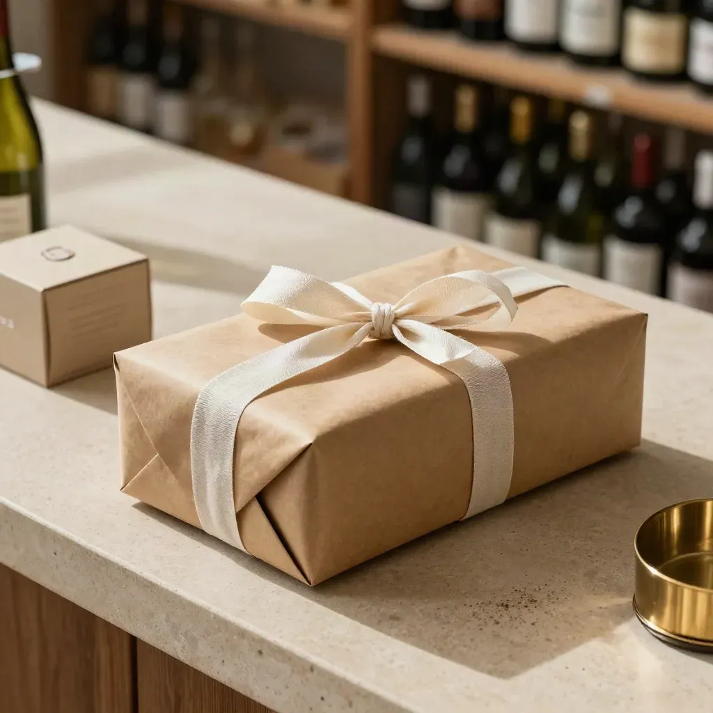 Bottiglia regalo in carta kraft con nastro e scatola coordinata su piano di pietra caldo.
