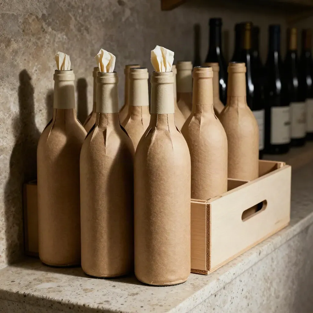 Pacchi regalo con bottiglie di vino in kraft, pronti nella cassetta di consegna.