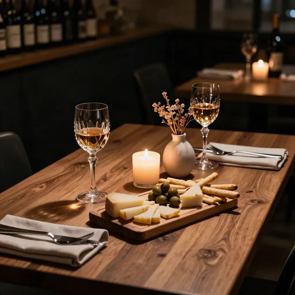 Tavolo per due in un wine bar di Brera con calici, candela e tagliere per anniversario.