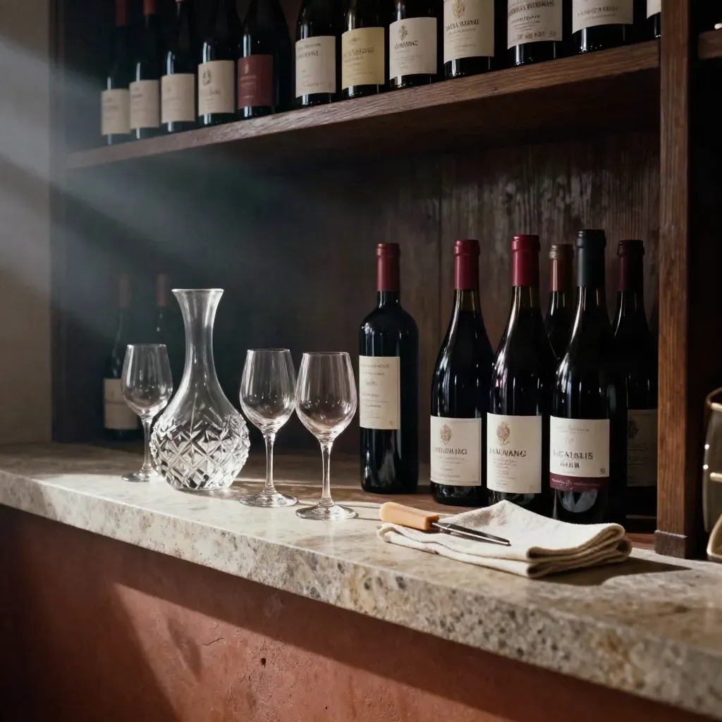 Selezione di vini in cantina con calici e decanter su mensola in pietra