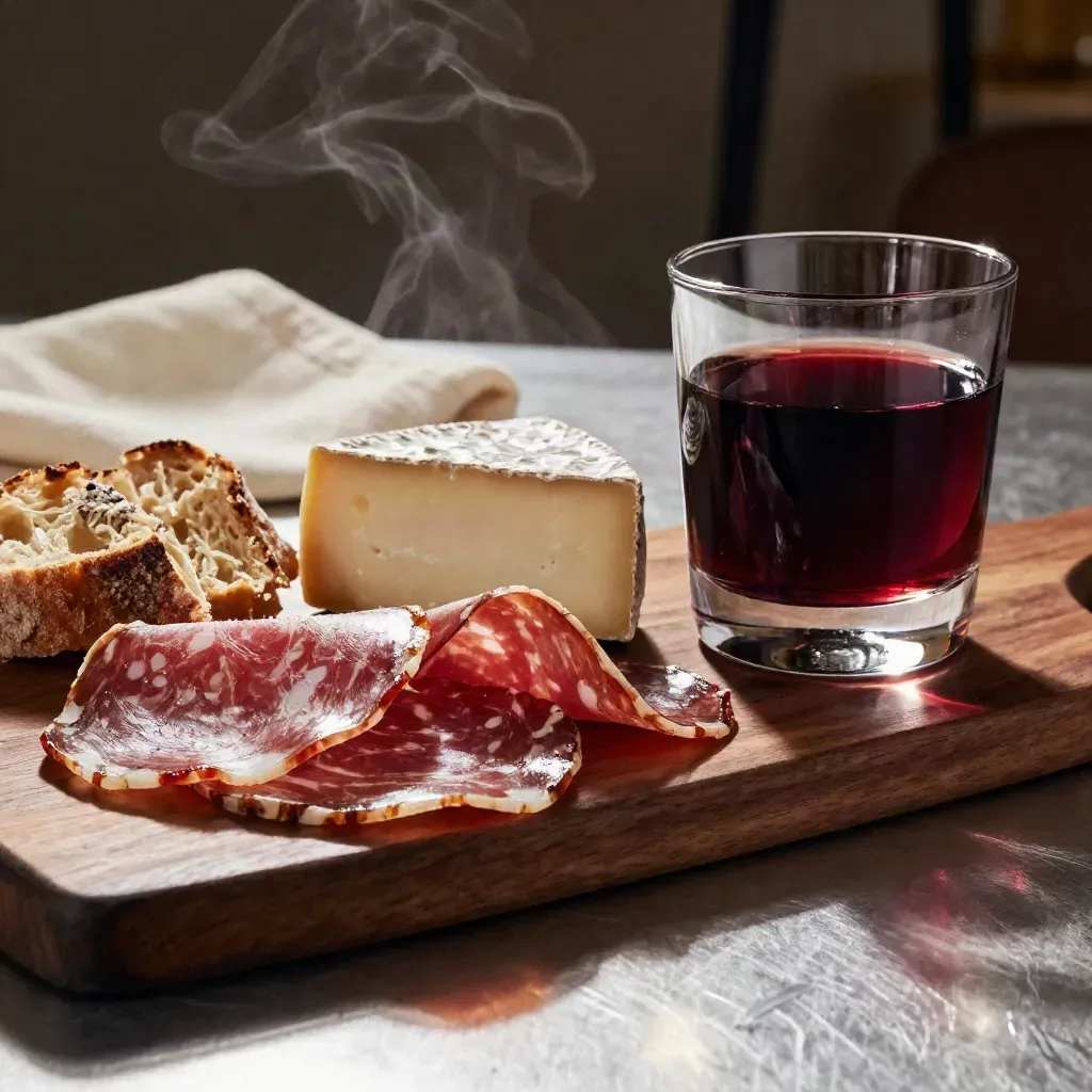 Macro di salumi, formaggi, pane e Barbera su tavola calda, luce serale morbida.