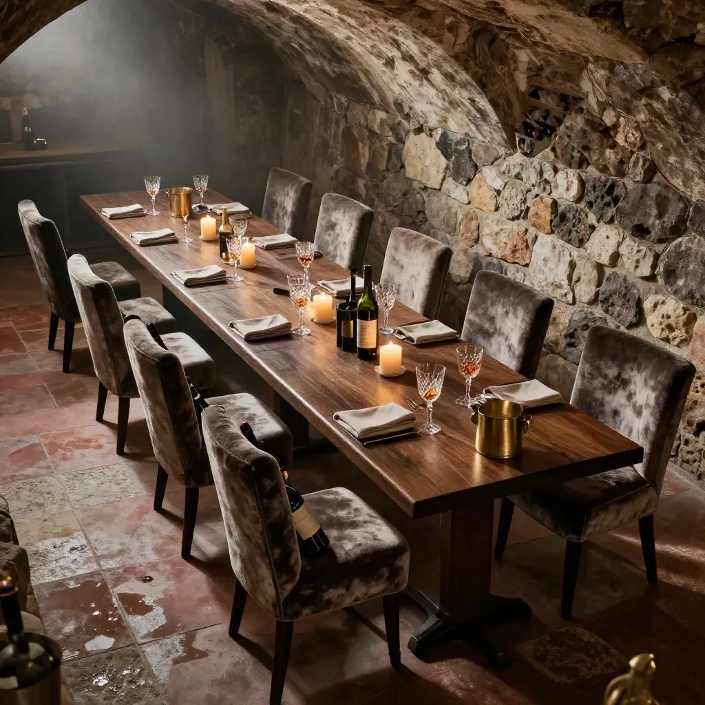 Cantina allestita per dodici ospiti con bottiglie, candele basse e luci drammatiche.