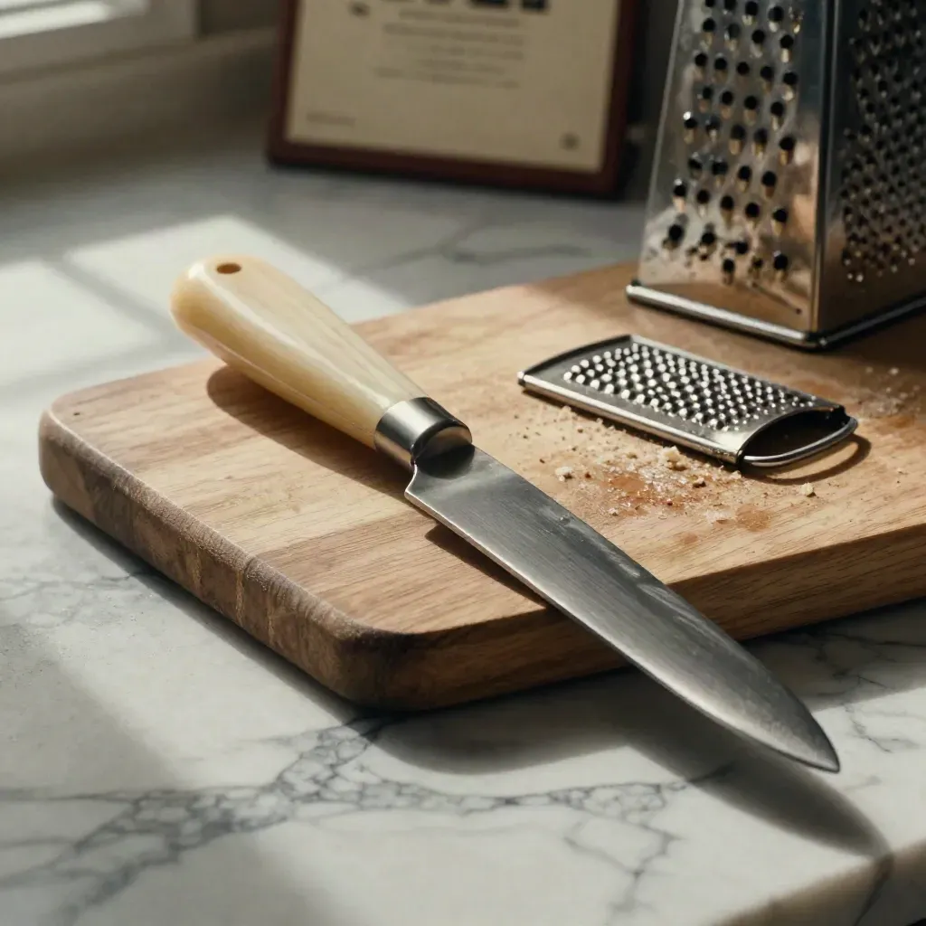 Coltello da formaggi, raschietto e grattugia su marmo con tagliere in legno, luce calda.