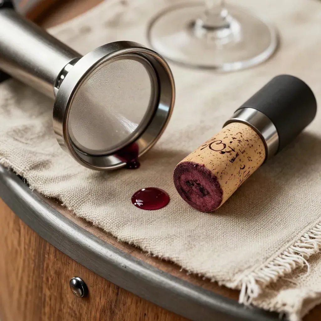Filtro da decantazione e aeratore su lino con tappo di sughero e gocce di vino