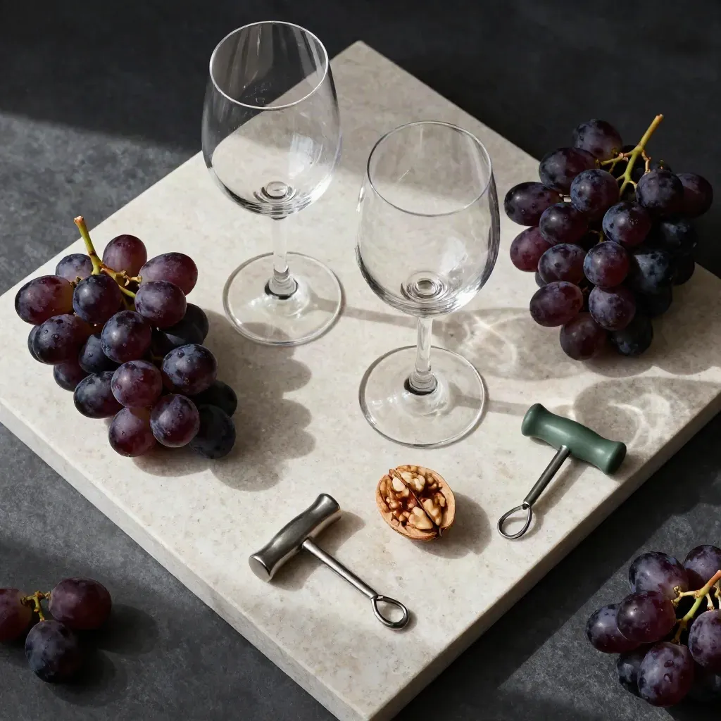 Flat lay di calici, uva scura, noce e cavatappi su pietra chiara.