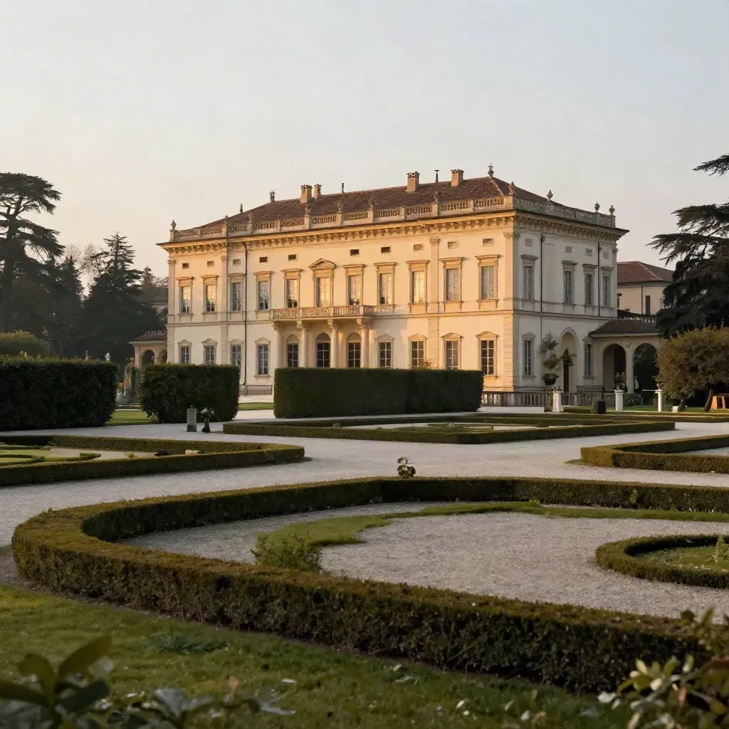 Villa Reale di Monza al tramonto con giardini geometrici e viali alberati nella foschia dorata