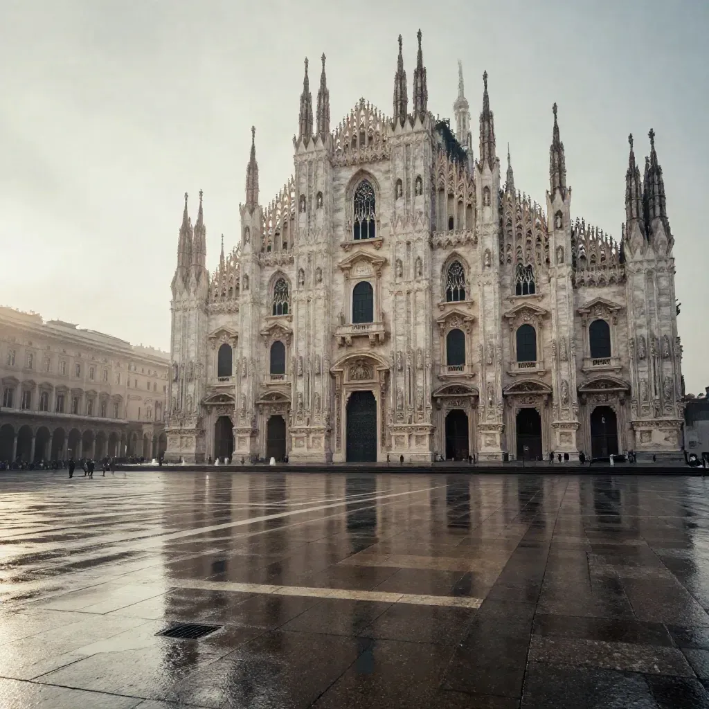Il Duomo di Milano domina la piazza bagnata, avvolto da luce morbida del mattino