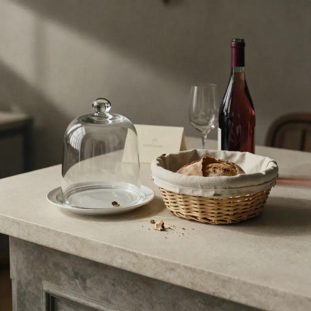 Cloche bassa, cestino del pane e bottiglia stappata su fondo chiaro, luce morbida laterale.