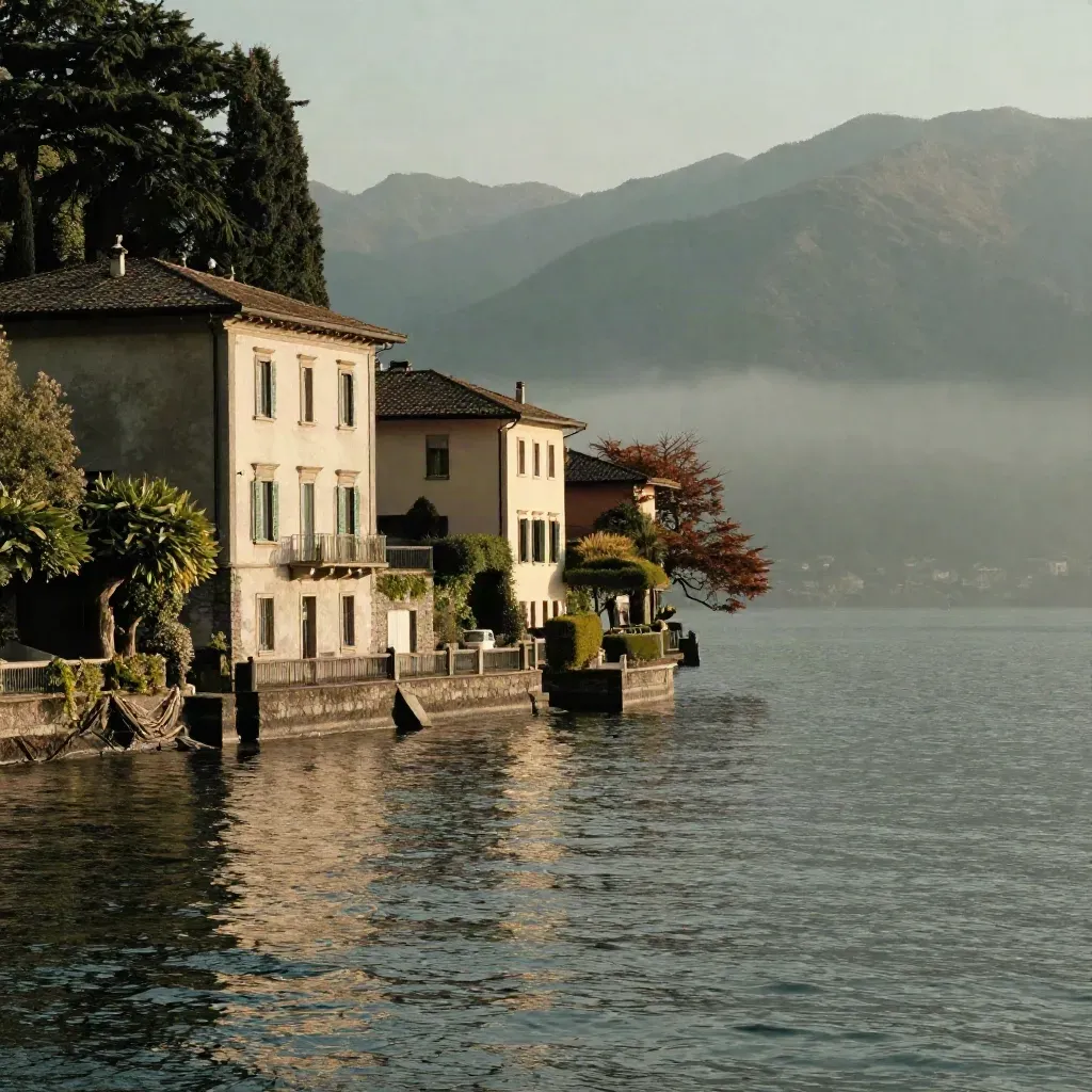 Sponda del Lago di Como con facciate sul lungolago, acqua calma e montagne nella foschia.