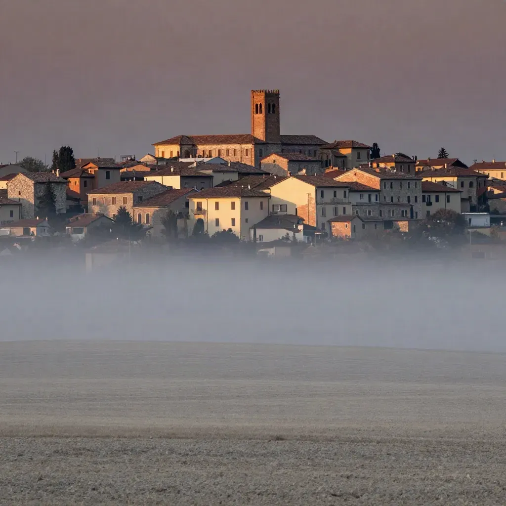Mura Venete di Bergamo Alta al tramonto con la pianura sfumata nella foschia